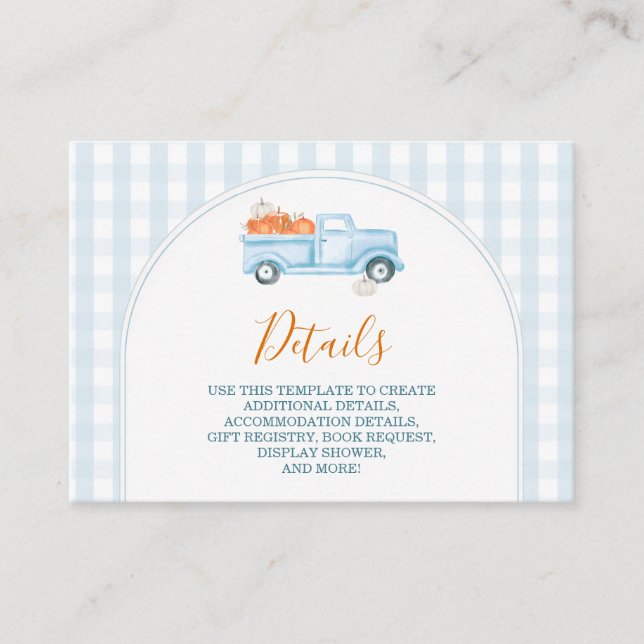 Carte D'accompagnement Un petit Citrouille Blue Truck Baby shower détail (Devant)