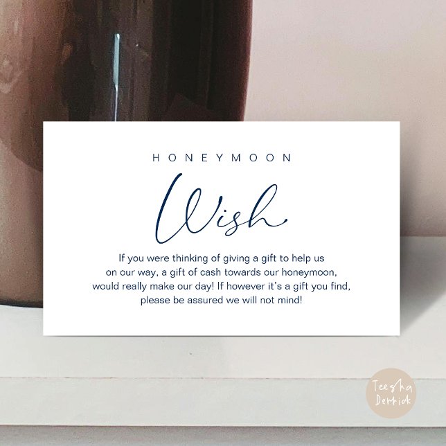 Carte D'accompagnement Un souhait de lune de miel, Mariage romantique mod (Wedding honeymoon wish, fund, enclosure card, A note on gifts, modern romantic, Navy Blue)