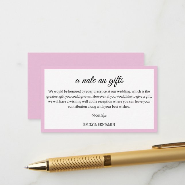 Carte D'accompagnement Une note sur les cadeaux Mariage moderne bien voul (Devant/Arrière en situation)