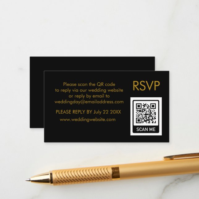 Carte D'accompagnement Unique QR Code noir Lettres d'or Mariage RSVP (Devant/Arrière en situation)