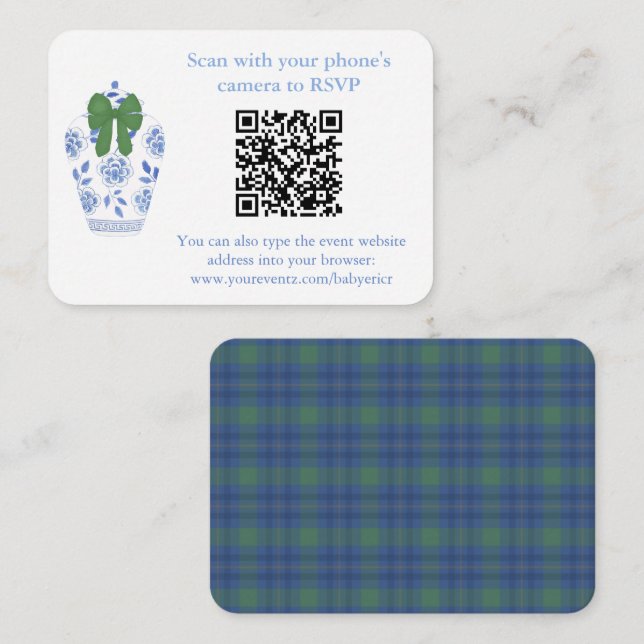 Carte D'accompagnement Vacances Blue Green Chinoiserie QR Code Registre (Devant / Derrière)