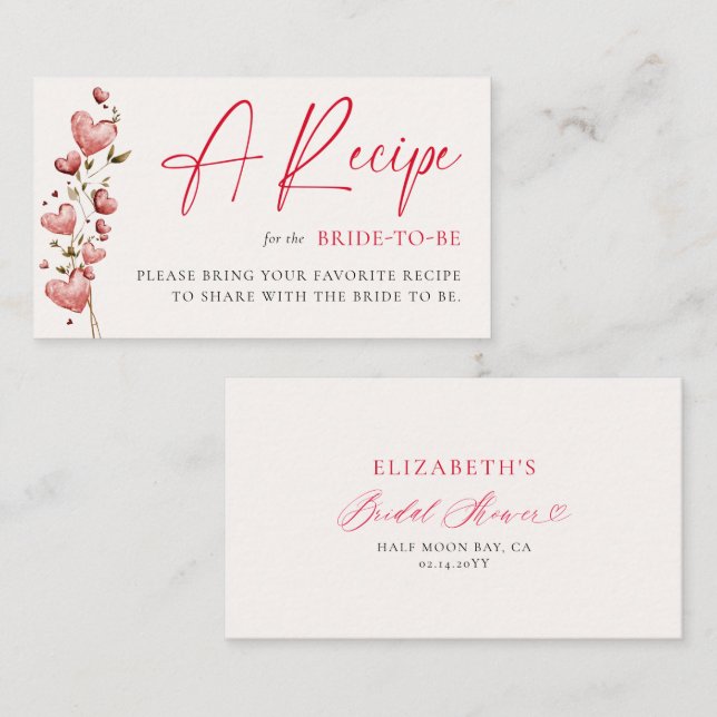 Carte D'accompagnement Valentine Bridal Shower Hearts Vines Bride Recipe (Devant / Derrière)