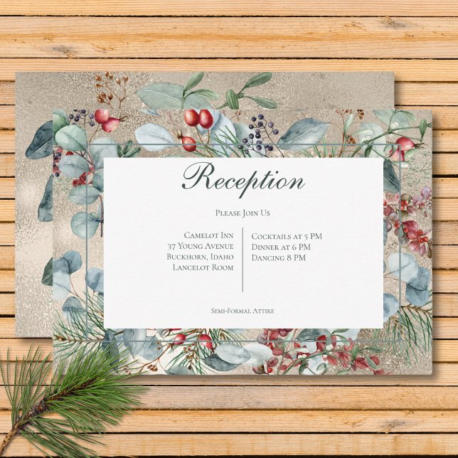 Carte D'accompagnement Végétation de Noël d'hiver Mariage de réception d' (Winter Christmas Greenery Gold Reception Wedding Enclosure Card)