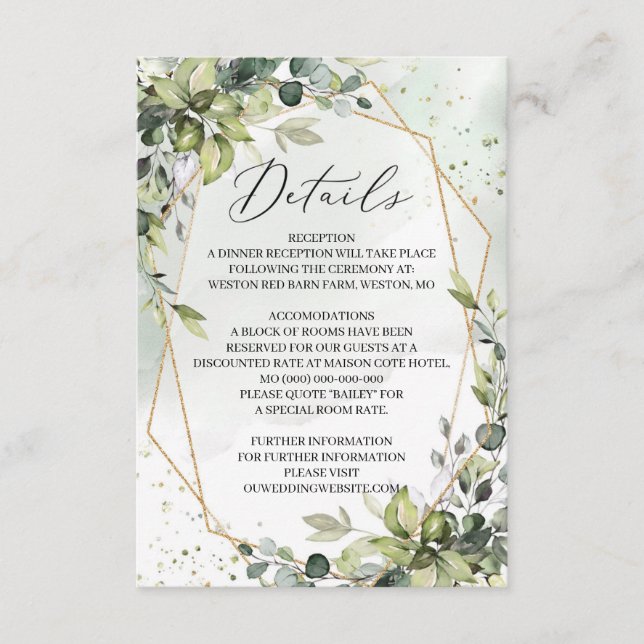 Carte D'accompagnement Verdure feuillage or détails mariages géométriques (Devant)