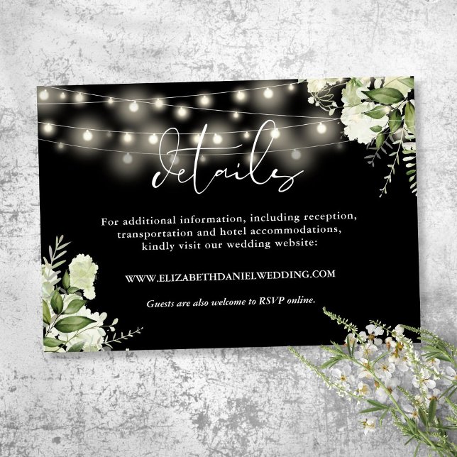 Carte D'accompagnement Verdure Floral String Lights Détails du Mariage (Greenery Floral String Lights Wedding Details Enclosure Card)