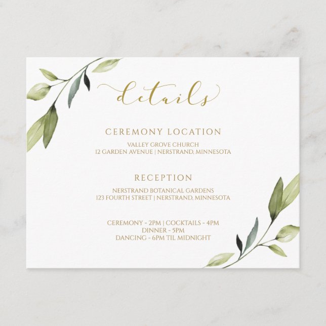 Carte D'accompagnement Verdure Mariage or Botanique Aquarelle Élégante (Devant)