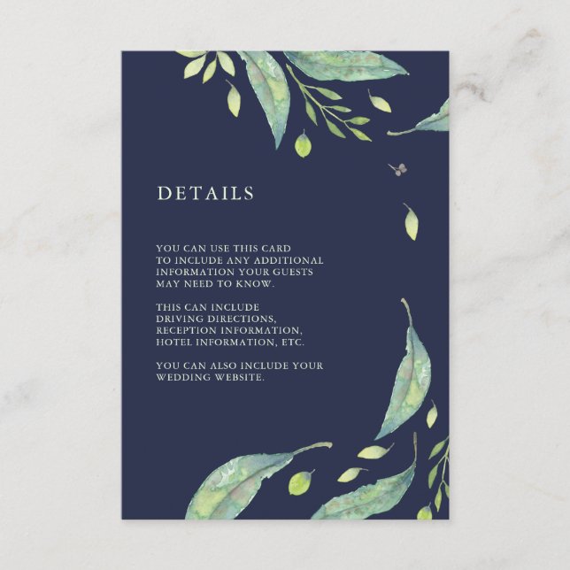 Carte D'accompagnement Vert feuilles | Mariage bleu foncé Informations su (Devant)