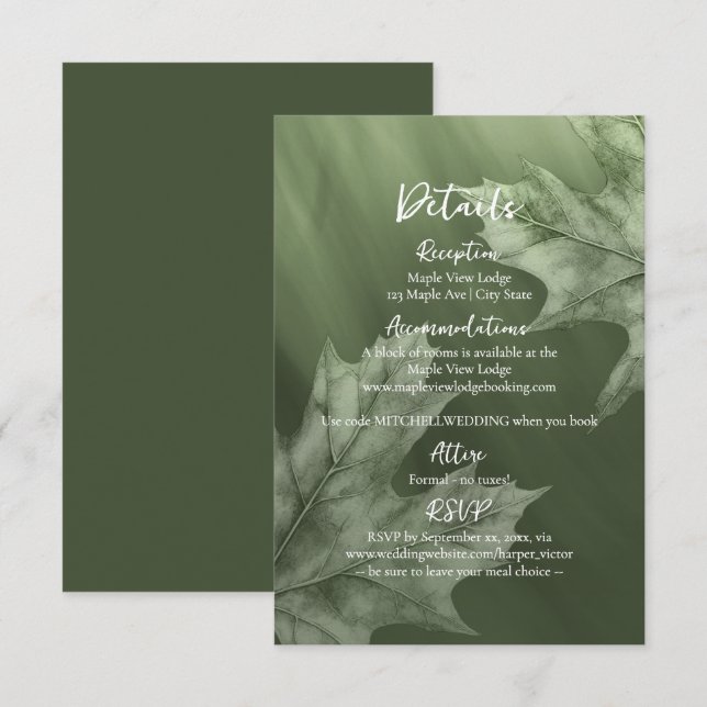 Carte D'accompagnement vert mousse foncée avec feuilles d'érable détails  (Devant / Derrière)