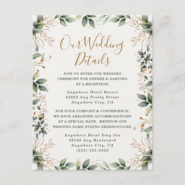 Carte D'accompagnement Vert or Elégant Aquarelle Boho Mariage feuille (Devant)