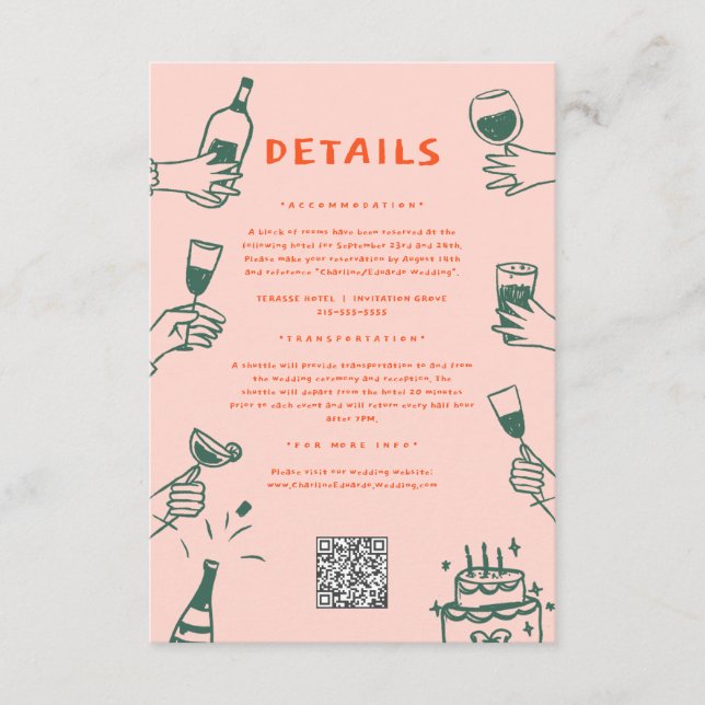 Carte D'accompagnement Vert rouge main dessinée Funky Doodle Mariage déta (Devant)