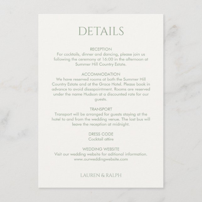 Carte D'accompagnement Vert sage | Détails du Mariage Monogramme (Devant)