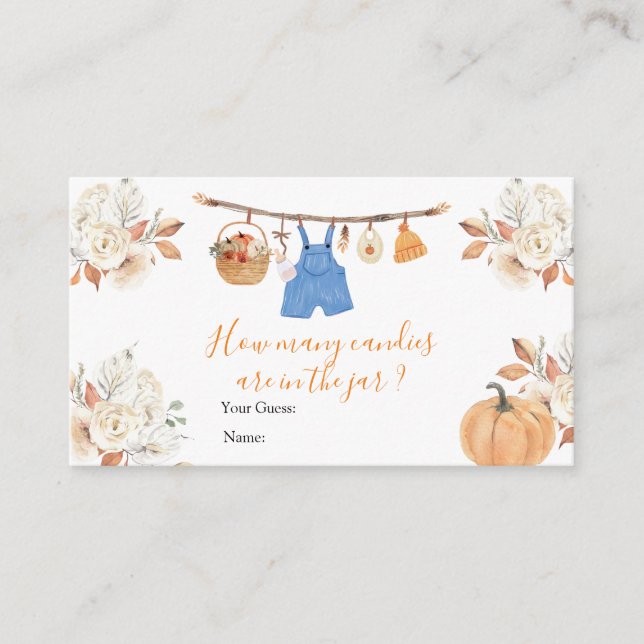 Carte D'accompagnement Vêtements Citrouilles Baby shower Combien de bonbo (Devant)