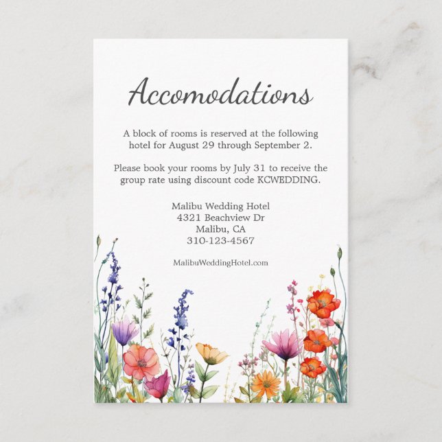 Carte D'accompagnement Vibrant Watercolor Wildflowers Wedding Hotel (Devant)