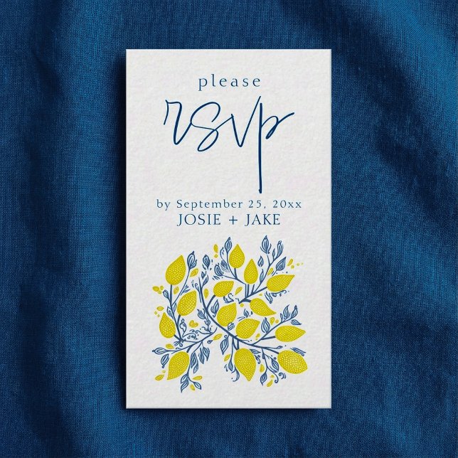 Carte D'accompagnement Vins de citron bleu clair et jaune rsvp (Bright blue and yellow lemon vines rsvp enclosure card.)