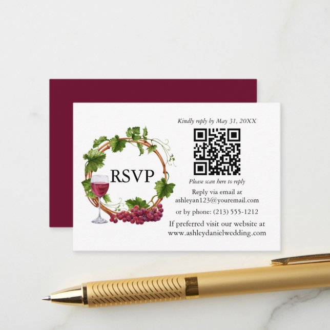 Carte D'accompagnement Vins de raisin d'aquarelle Mariage de couronne QR  (Devant/Arrière en situation)