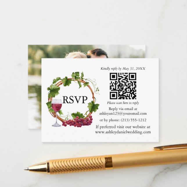 Carte D'accompagnement Vins de raisin d'aquarelle Wreath Photo RSVP QR (Devant/Arrière en situation)