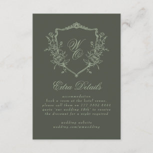 Carte D'accompagnement Vintage Floral Crest Olive Sage Monogramme Mariage