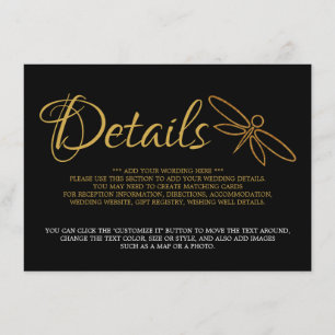 Carte D'accompagnement Vintage Gold Foil Dragonfly Mariage détails
