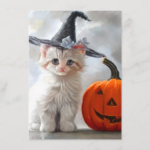 Carte D'accompagnement Vintage Halloween White Kitten et Jack-o' lantern