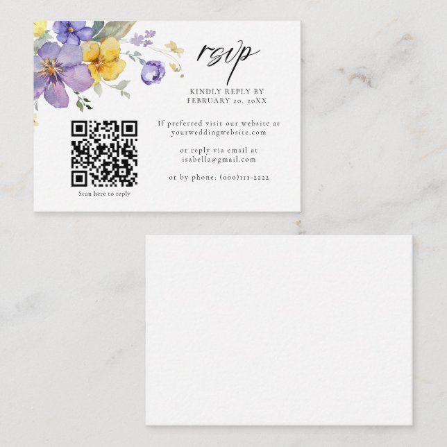 Carte D'accompagnement Violet Jaune Lavande Floral QR Code Mariage RSVP (Devant / Derrière)