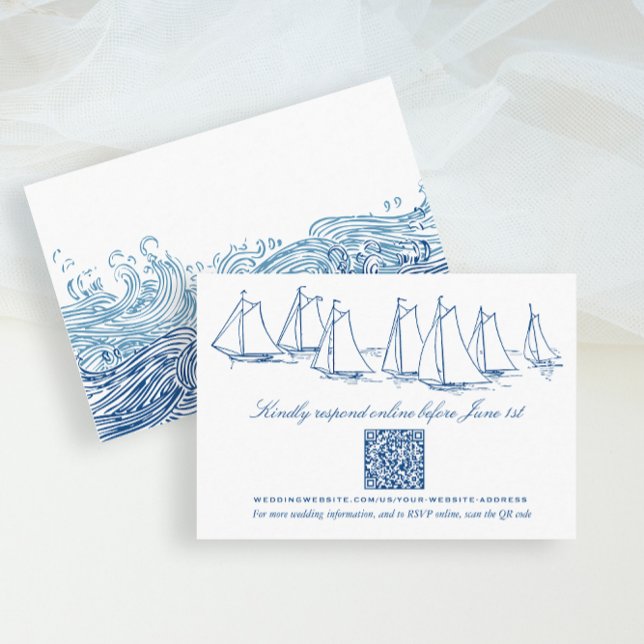 Carte D'accompagnement Voilier et Vagues Mariage en ligne RSVP QR Code (Sailboat and Waves Wedding QR Code Online RSVP card for an Elegant Navy Blue Yacht Club wedding)