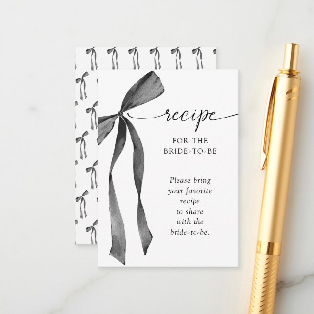 Carte D'accompagnement Watercolor Black Coquette Bow Bridal Shower Recipe (Devant/Arrière en situation)