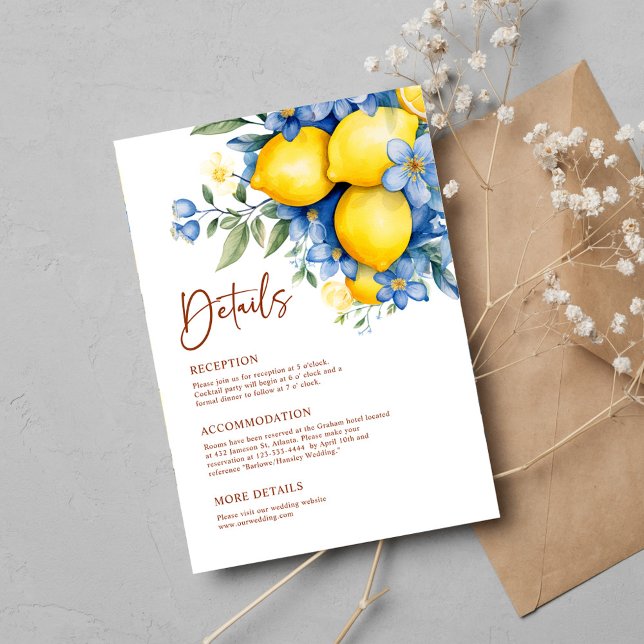Carte D'accompagnement Watercolor Lemon Botanique Détails du Mariage (Watercolor Lemon Botanical Wedding Details Enclosure Card)