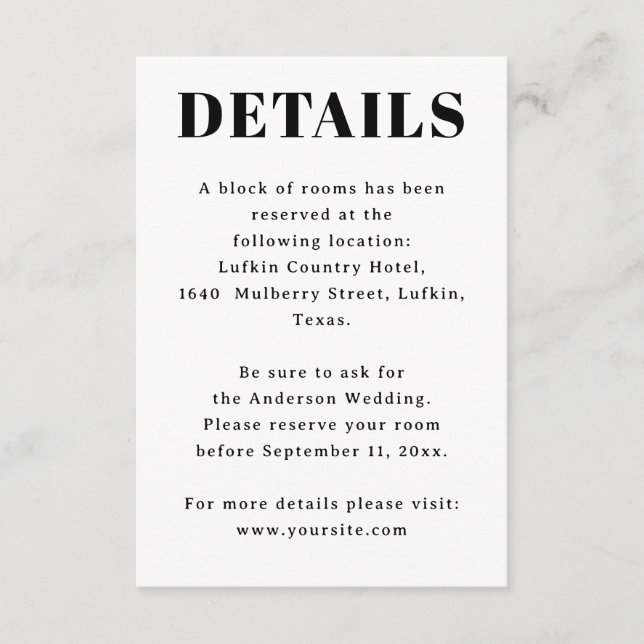 Carte D'accompagnement Wedding Accommodation. Hotel Details & Information (Devant)