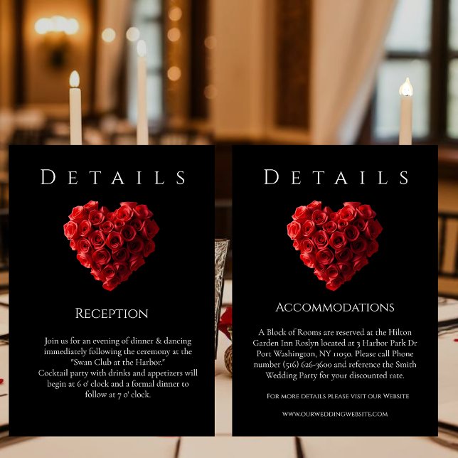 Carte D'accompagnement Wedding Details-Heart Shaped Red Roses (Red Roses in the Shape of a Heart Wedding Collection-Details- Black and White)