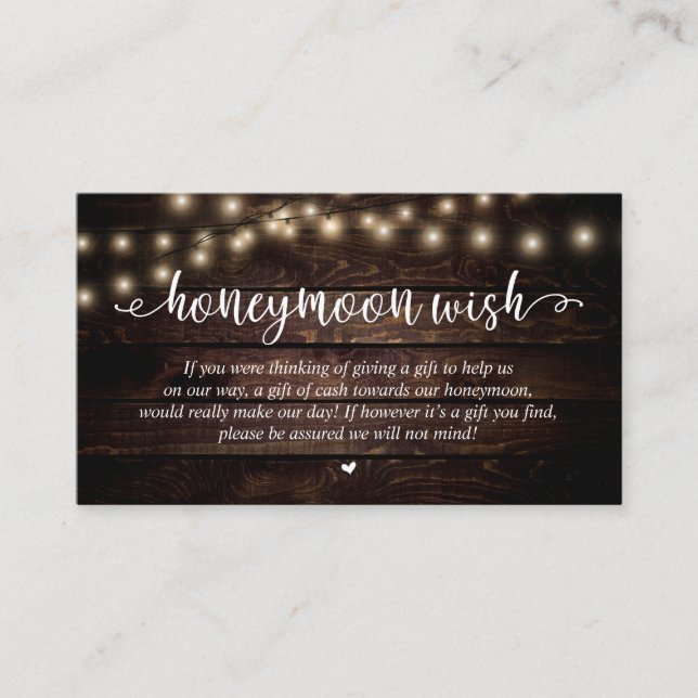 Carte D'accompagnement Wedding Honeymoon Fund Wish, Rustic String Lights (Devant)