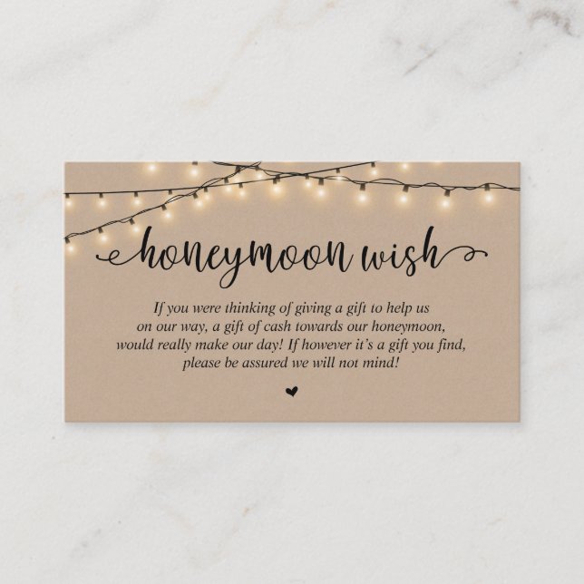 Carte D'accompagnement Wedding Honeymoon Fund Wish, Rustic String Lights (Devant)