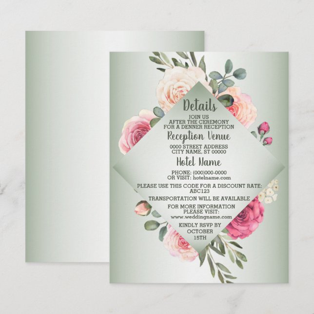 Carte D'accompagnement Wedding Pink Peach Floral Rustic Green Detail (Devant / Derrière)
