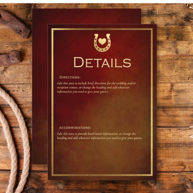 Carte D'accompagnement Western Rustic Horseshoe Bourgogne & Gold Détails (Western Rustic Horseshoe Burgundy & Gold Details Enclosure Card)
