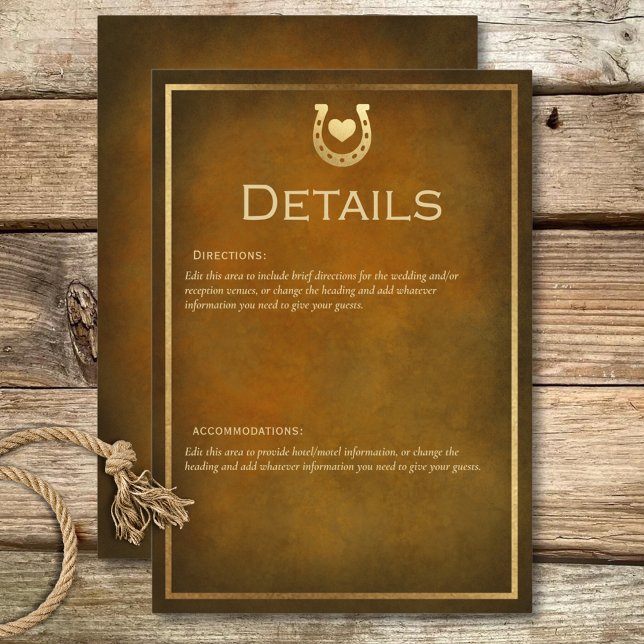 Carte D'accompagnement Western Rustic Horseshoe Détails Brown & Gold (Western Rustic Horseshoe Brown & Gold Details Enclosure Card)