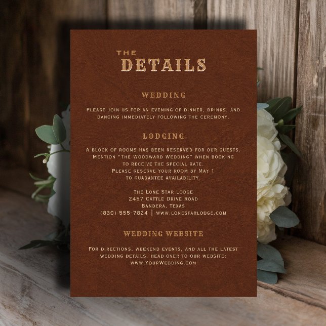 Carte D'accompagnement Western Terracotta Wedding Details Enclosure Card (country rustic cowboy wedding details card faux tooled leather terracotta rust western barn)