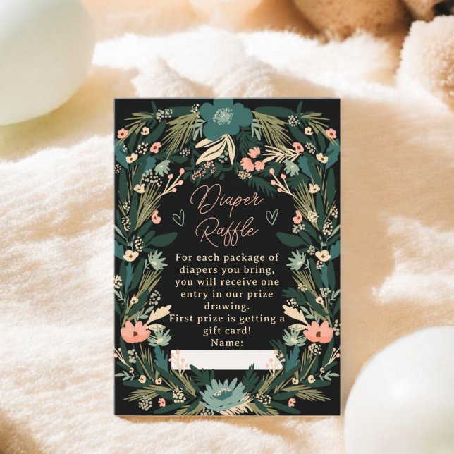 Carte D'accompagnement Whimsical Green rose Baby shower de couche florale (Whimsical Green Pink Floral Diaper Baby Shower Enclosure Card)