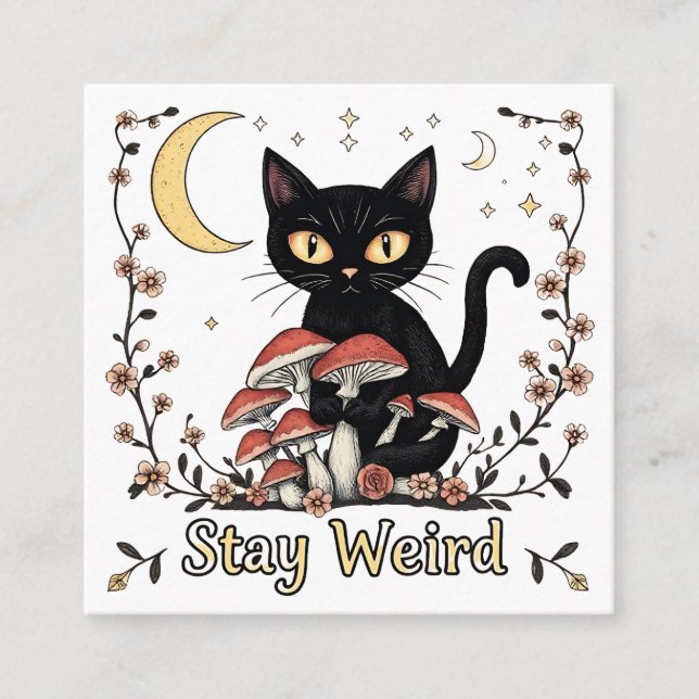Carte D'accompagnement Whimsical noir cat framed by red mushrooms and pal (Devant)