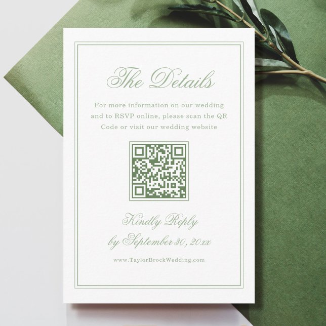Carte D'accompagnement White and Sage Green Wedding Details Qr Code (Créateur téléchargé)