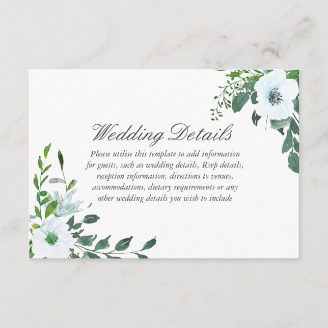 Carte D'accompagnement White Floral Greenery Détails Mariage Réception (Devant)
