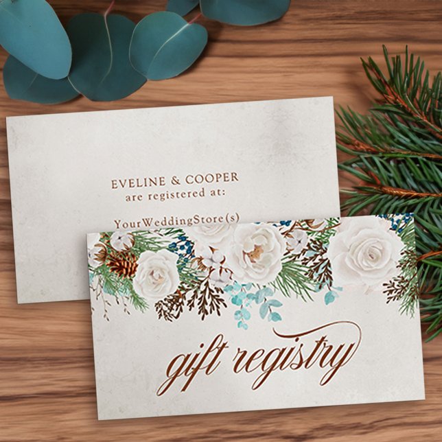 Carte D'accompagnement White Roses Winter Wedding Cadeau Registre Cadeau (Winter Wedding enclosure card for gift registry with elegant calligraphy, white roses and pine)
