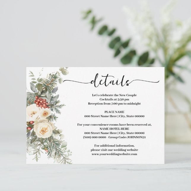 Carte D'accompagnement White Winter Flowers Wedding Details Insert Card (Debout devant)
