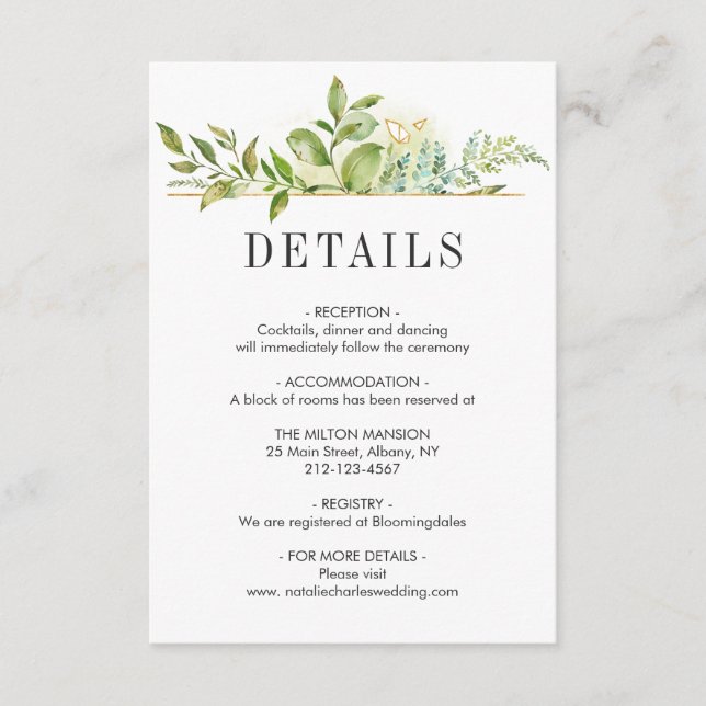 Carte D'accompagnement Wild Green Foliage Détails du Mariage Information (Devant)