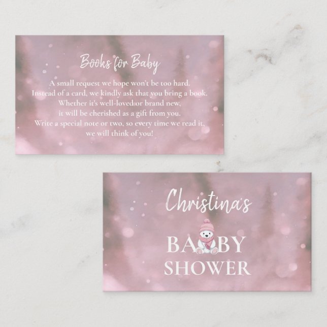 Carte D'accompagnement Winter Bear Pink Baby shower Books Demande (Devant / Derrière)
