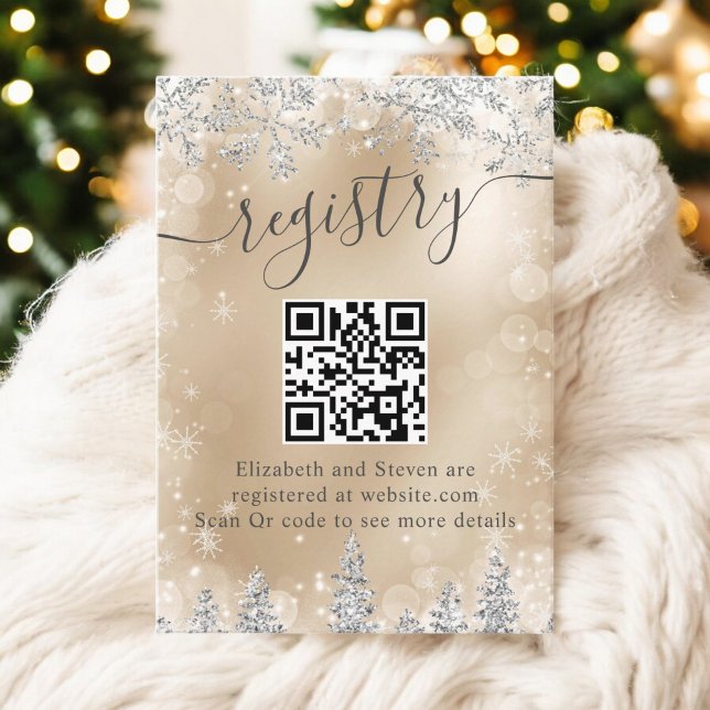 Carte D'accompagnement Winter Gold Wonderland Fête des mariées QR Registr (Winter Gold Wonderland Bridal Shower QR Registry Enclosure Card)