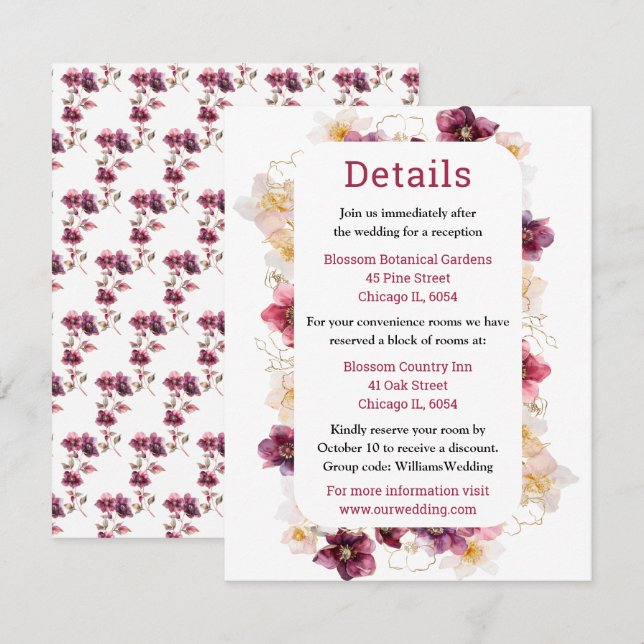 Carte D'accompagnement Winter Hellebore Floral Burgundy Wedding Details (Devant / Derrière)