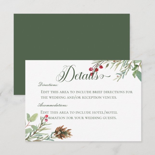 Carte D'accompagnement Winter Pine Cone Berries Moderne Détails Mariage (Devant / Derrière)
