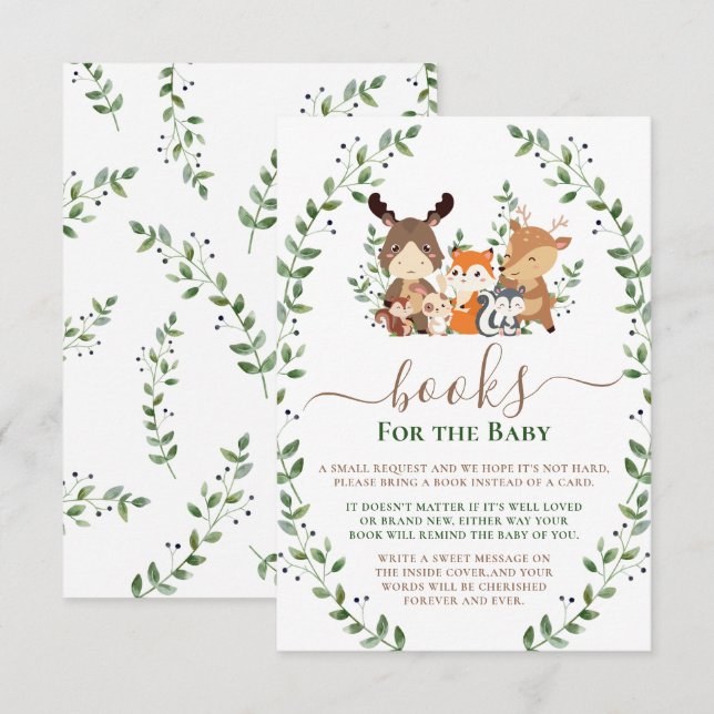 Carte D'accompagnement Woodland Greenery Forest Animaux Livres Pour Bébé (Devant / Derrière)