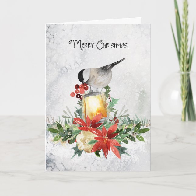 Carte d'accueil de Noël Watercolor Merry Chickadee (Devant)