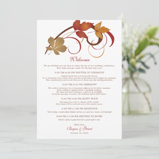 Carte d'accueil Rustic Falling Feuille Mariage (Debout devant)