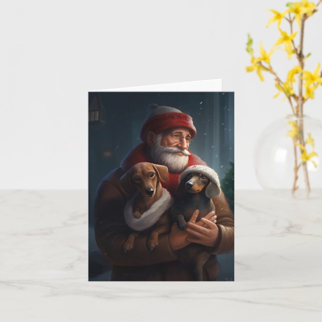 Carte Dachshund Avec Noël Festif Du Père Noël (Fleur jaune)